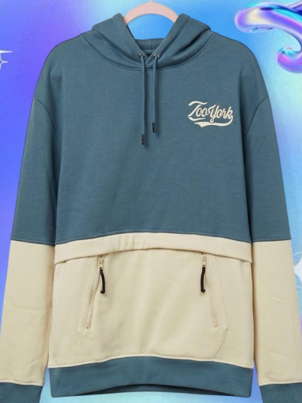 Zoo York Teal and Cream Colorblock Crewneck Hoodie